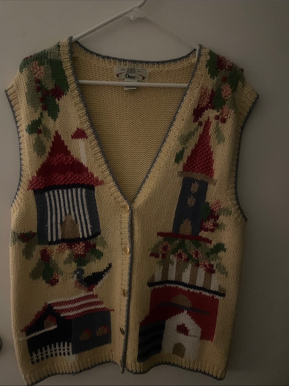 Orvis Cream Knit Village Pattern Button-Up Sweater Vest
